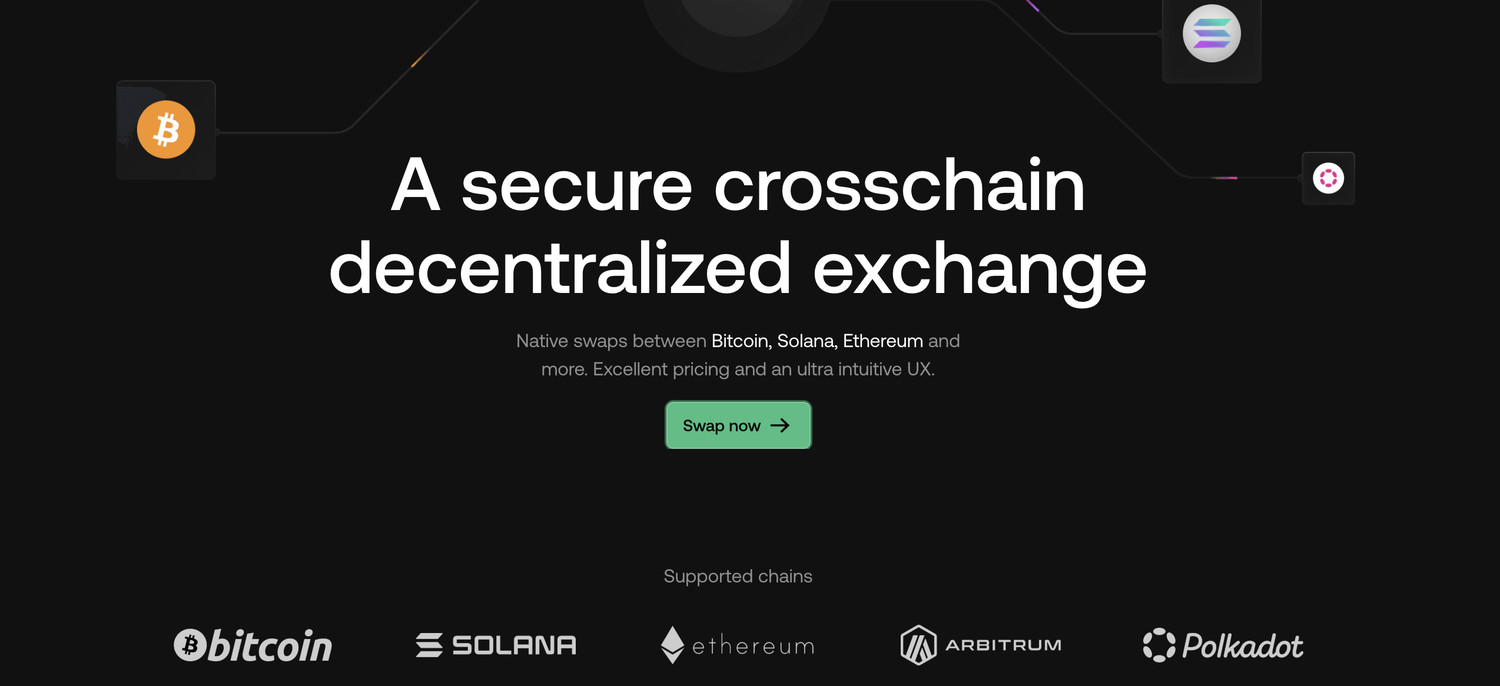 The rebuilt site: a headline reading A secure crosschain decentralized exchange, one line of explanation and a single Swap now button