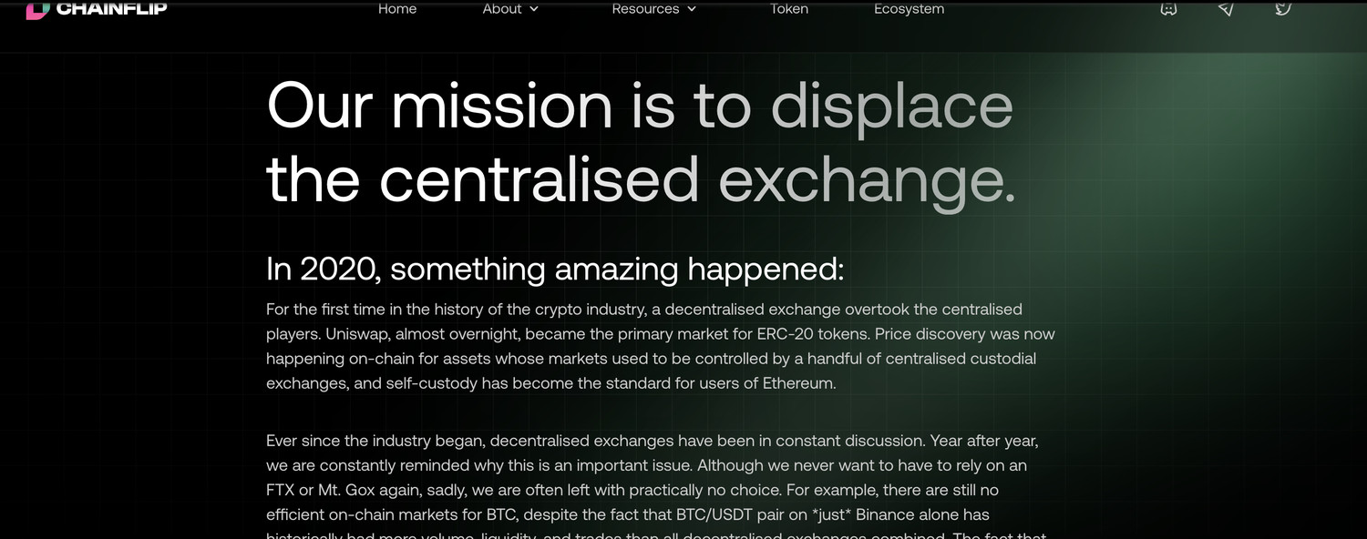 The old site: a headline reading Our mission is to displace the centralised exchange, followed by several paragraphs of essay
