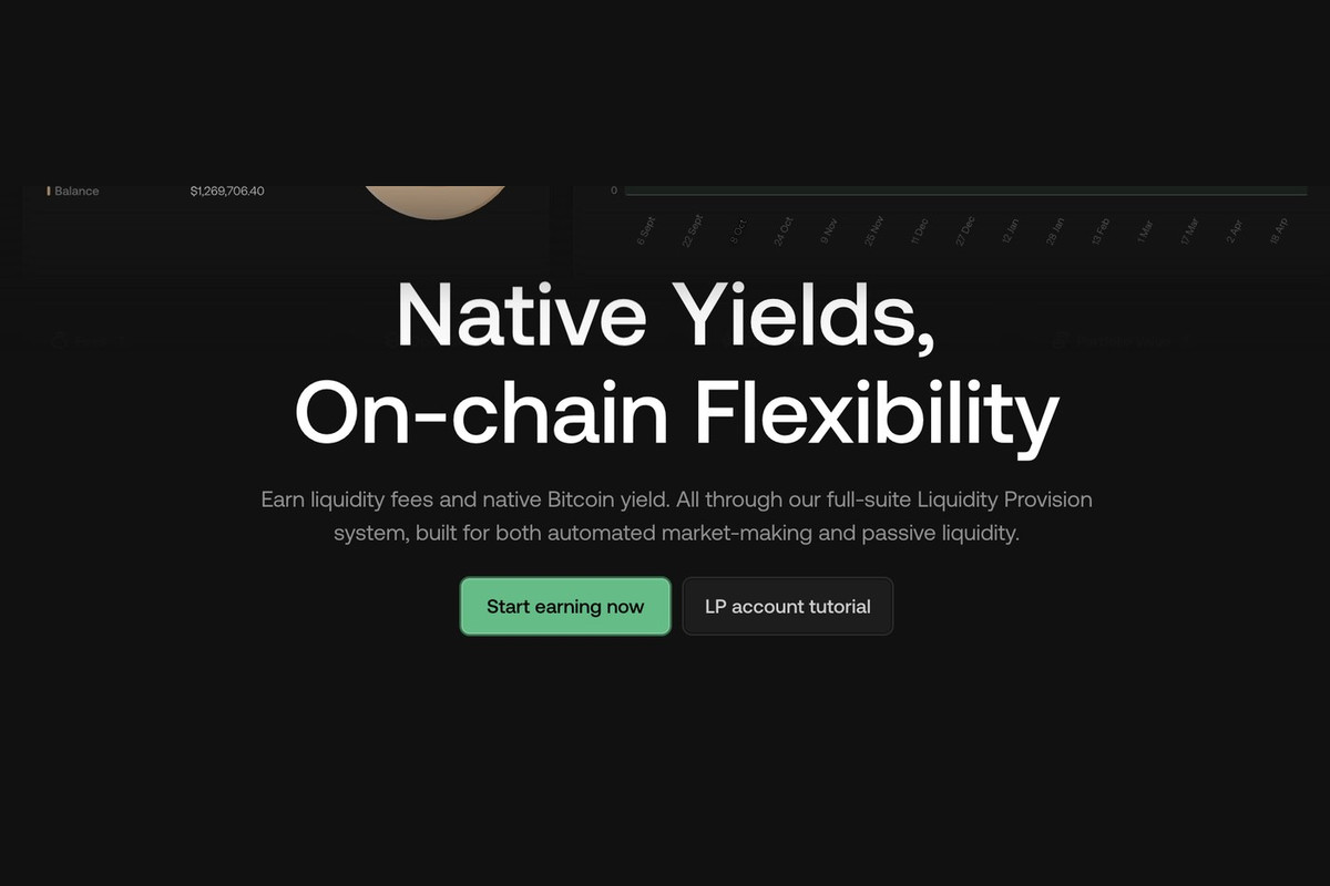 The liquidity provider page: the headline Native Yields, On-chain Flexibility above Start earning now and LP account tutorial buttons