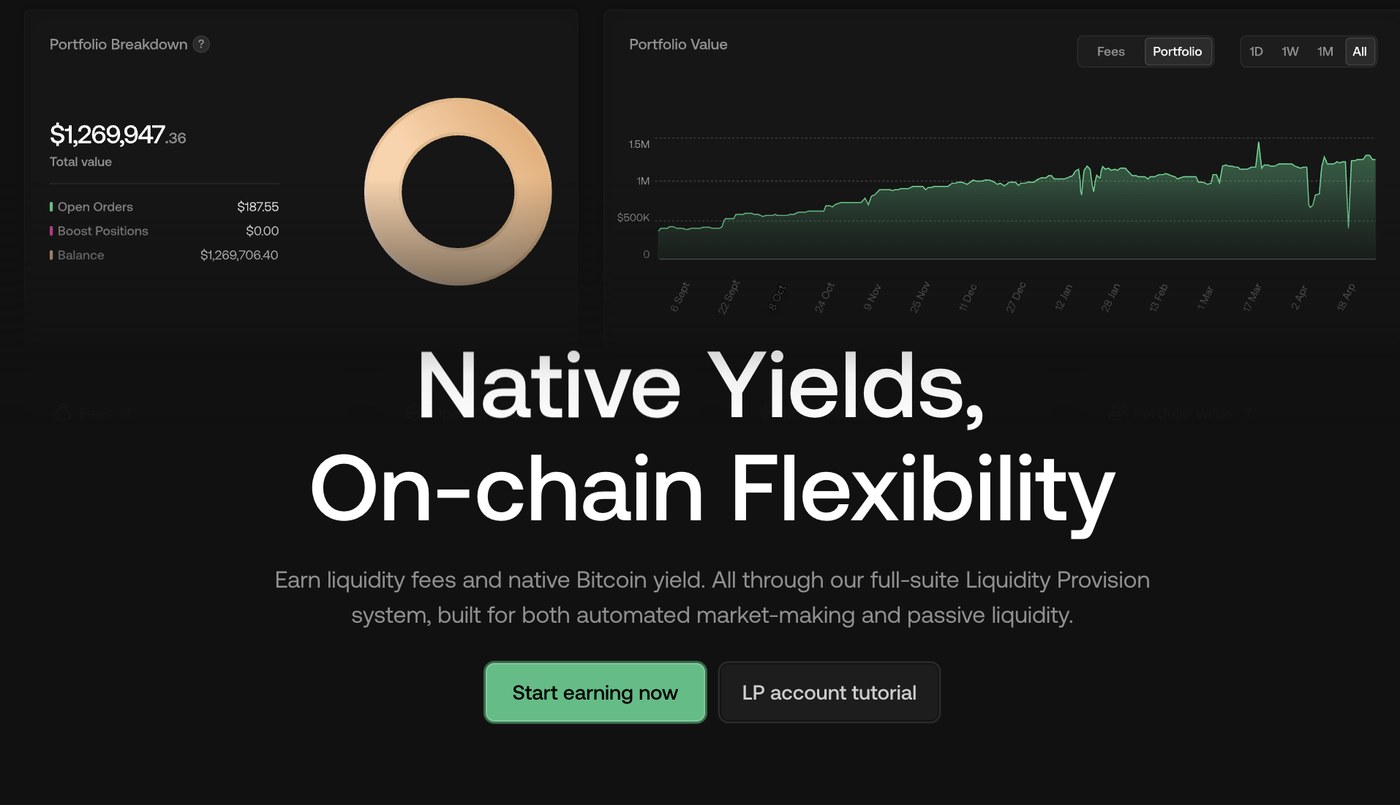 The rebuilt liquidity provider page: a portfolio breakdown and value chart above the headline Native Yields, On-chain Flexibility