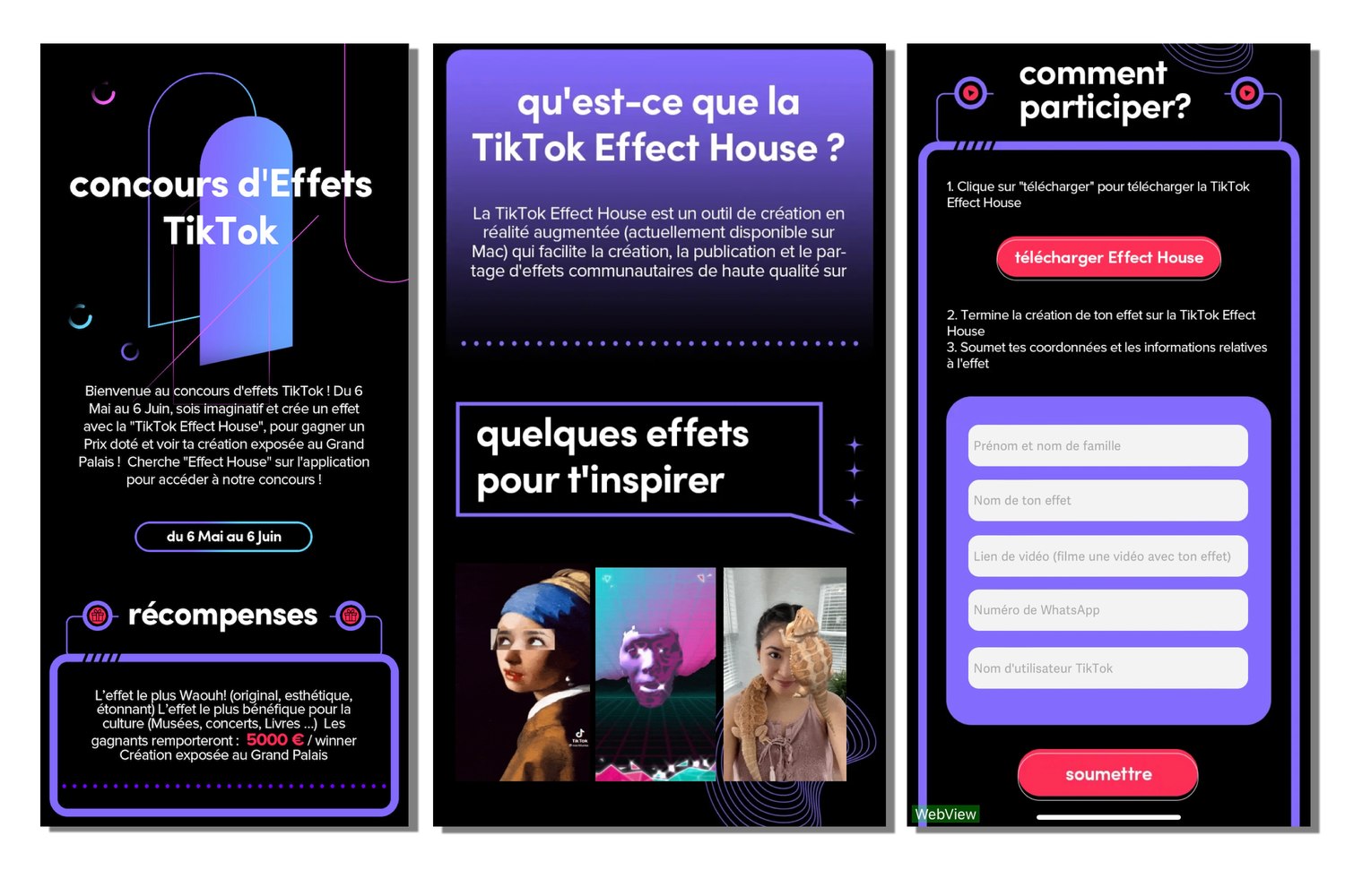 Three screens of the French contest page: Concours d'Effets TikTok, an explanation of Effect House, and the entry form