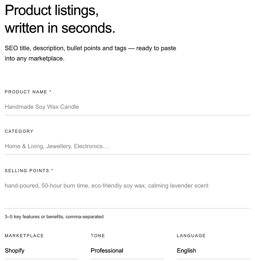 The generator interface: a form with product name, category and selling points, plus marketplace, tone and language selectors
