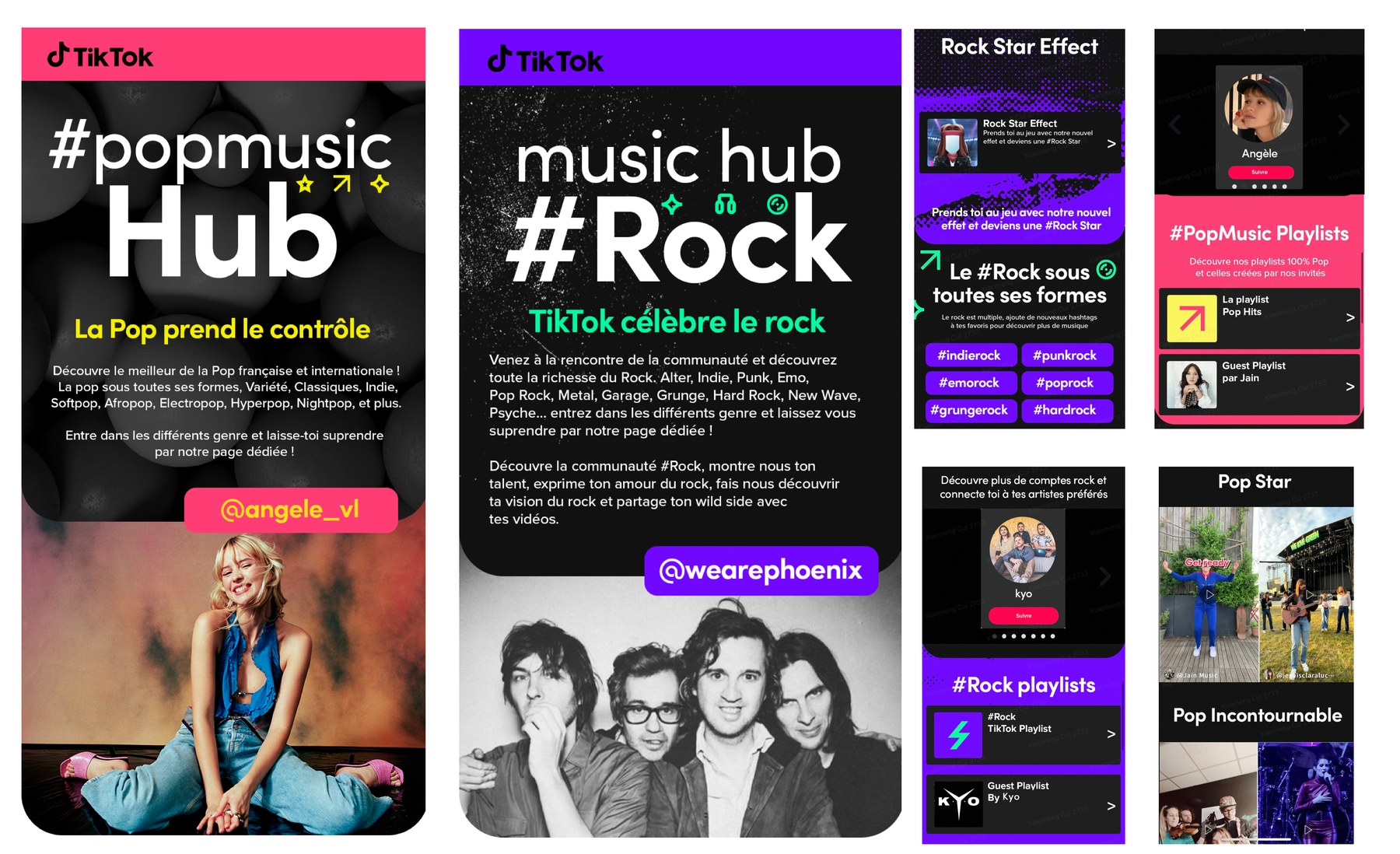 The hub running as a genre series: a pop hub and a rock hub built from the same template, with playlists, effects and artist pages