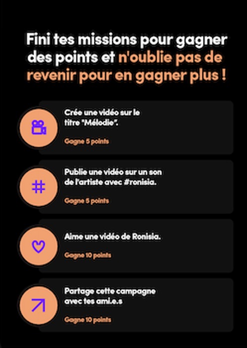 The missions panel: finish your missions to earn points, and come back for more, with four tasks each worth points