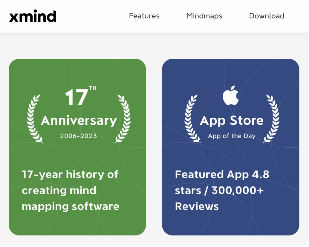 XMind site showing a 17th anniversary badge and an Apple App Store App of the Day badge with 4.8 stars from over 300,000 reviews
