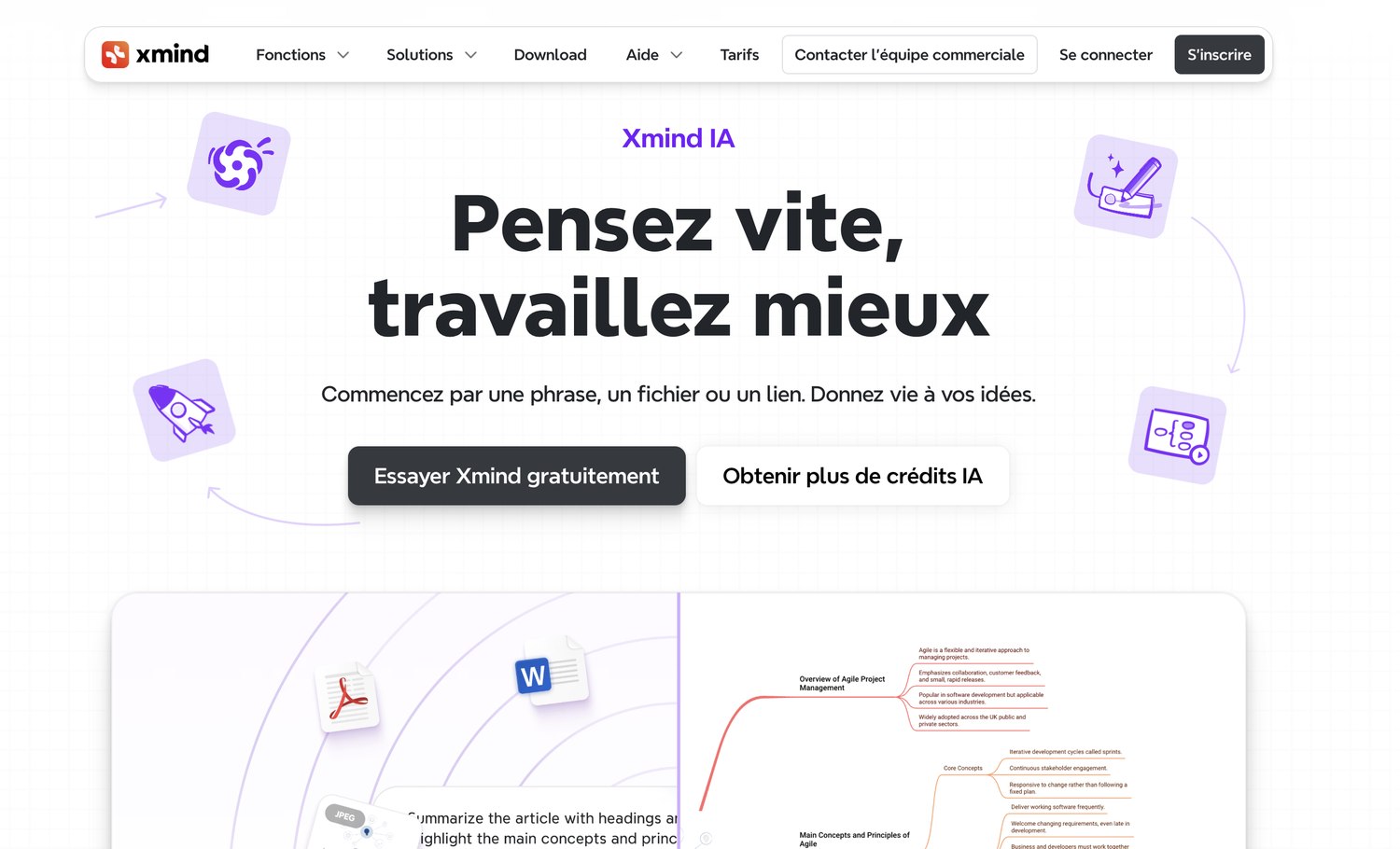 The Xmind site in French: Xmind IA, the headline Pensez vite, travaillez mieux, and buttons to try Xmind free or get more AI credits
